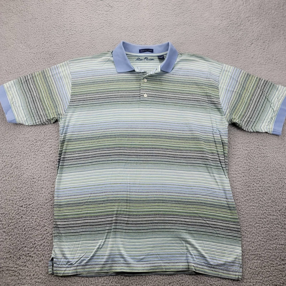 Alan Flusser Shirt Mens‎ Medium Green Striped Polo Golf Classic